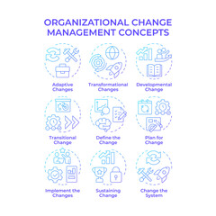 Organizational change management blue gradient concept icons. Corporate transformation regulation. Business development strategy. Icon pack. Vector images. Round shape illustrations. Abstract idea