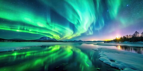 Frozen Lake with Dancing Aurora Borealis
