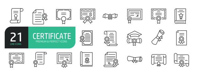 Set of Line Icons Related to Certificate, Diploma, Award, Authorization, Verification, and more.