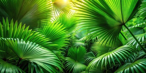Fototapeta premium Dense tropical palm leaves in forest with soft natural light and intricate shadows on the green leaves for nature patterns and backgrounds