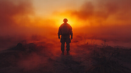lone soldier in helmet and tactical gear walking through foggy battlefield, silent war scene 