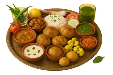 Traditional Indian Rajasthani thali with dal baati, churma, rice, curry, chutneys, and fresh vegetables—perfect for cultural, food, or festive themes. 🍛🌾 Bring authentic flavor to life!
