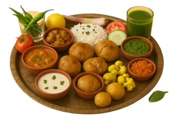 Traditional Indian Rajasthani thali with dal baati, churma, rice, curry, chutneys, and fresh vegetables—perfect for cultural, food, or festive themes. 🍛🌾 Bring authentic flavor to life!
