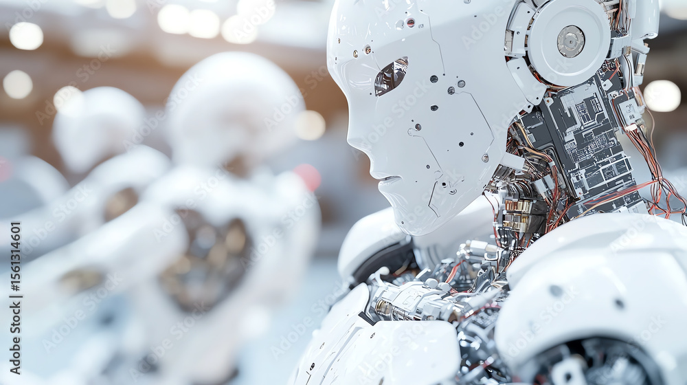 Leinwandbilder Close-up view of an advanced humanoid robot showcasing intricate circuitry and design, representing the future of robotics and AI.