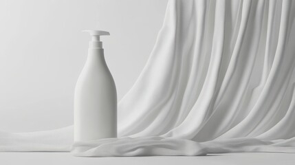 Blank white bottle displayed on flowing fabric.