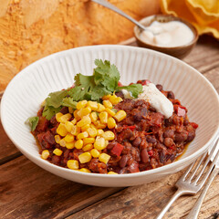 Vegan chili con protein in a bowl