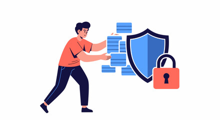 Man stacking data blocks near shield and lock securing information.