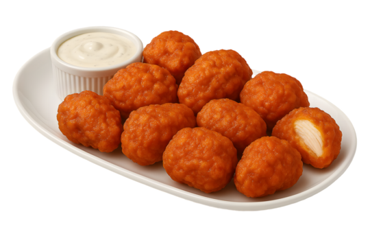 Crispy buffalo chicken bites served on a white plate with creamy dipping sauce—ideal for fast food, snack, or party themes. 🍗🔥 Add bold flavor and crunch to your creative vision!
