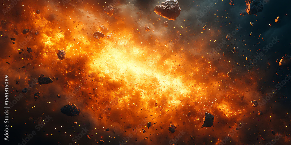 Wall mural cosmic nebula formation with asteroids and fiery explosion creating a visually stunning outer space 