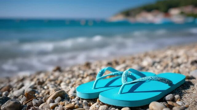 A pair of turquoise flip-flops rests on a pebble beach, with a blurred ocean and coastline in the background.