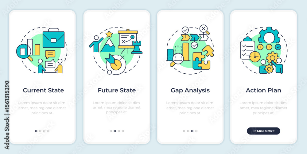 Poster stages of gap analysis onboarding mobile app screen. business data. walkthrough 4 steps editable gra