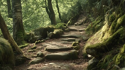 Naklejka premium Sun-dappled stone path winding through a lush, mossy forest, creating a tranquil, secluded scene
