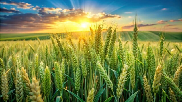 Wheat and tares growing together in a lush green field with sun shining down on them
