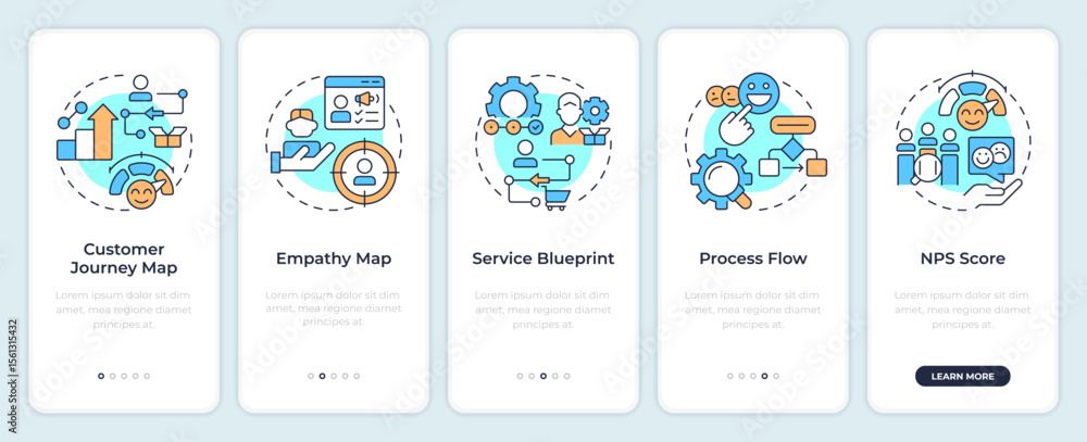 Poster gap analysis tools onboarding mobile app screen. performance improvement. walkthrough 5 steps editab