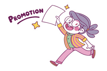 Excited Promotion: A joyful cartoon character celebrates a promotion, holding a document aloft with stars surrounding them.