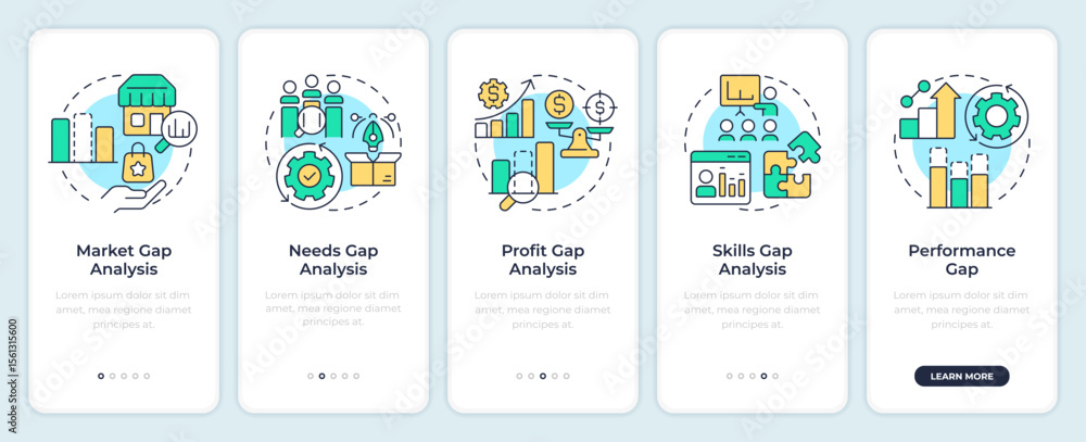 Poster types of gap analysis onboarding mobile app screen. data research. walkthrough 5 steps editable grap