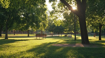 Sunlit park scene with benches and lush green grass, trees casting shadows in the morning sunlight