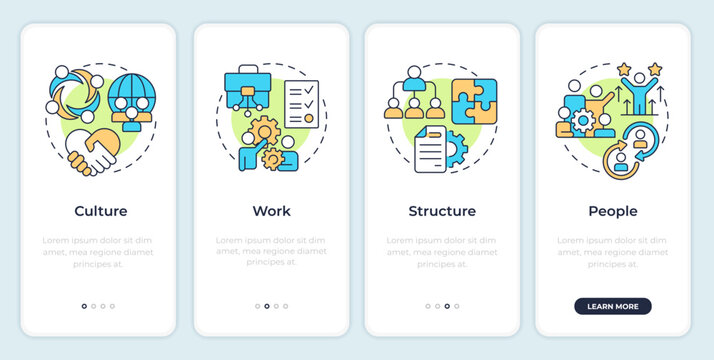 Nadler Tushman congruence framework onboarding mobile app screen. Walkthrough 4 steps editable graphic instructions with linear concepts. UI, UX, GUI. Montserrat SemiBold, Regular fonts used