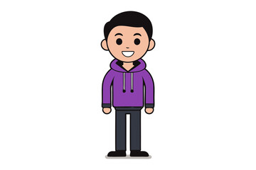 Cheerful Boy Avatar: A charming cartoon boy smiles warmly, wearing a purple hoodie and black pants, perfect for character design.