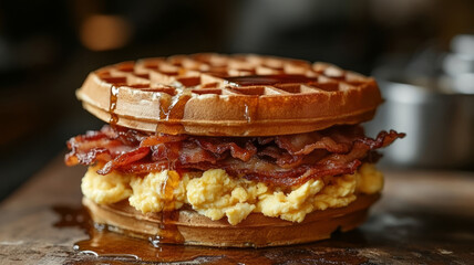 Delicious waffle sandwich with bacon, scrambled eggs, and syrup.