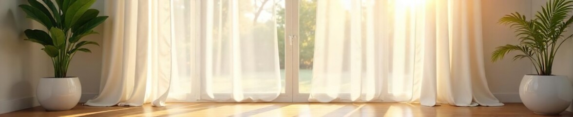 Obraz premium Sunlit Room with Sheer Curtains Bright, Airy Interior Design, Peaceful Atmosphere, Elegant Drapes, Large Windows