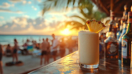 Tropical cocktail at a beach bar during sunset