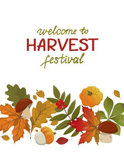 Harvest festival vector illustration featuring colorful autumn leaves, mushrooms, pumpkins, and berries. Perfect for seasonal designs, invitations, or greeting cards.