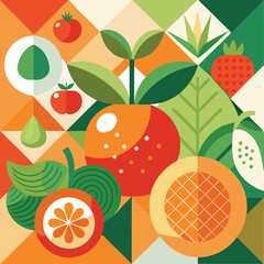 Abstract geometric pattern of farm food. Stylized poster with fruit and vegetables. Agriculture plants in cubism style. Contemporary art of healthy, natural, organic products. Flat vector illustration