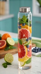 Refreshing Detox Water Recipe with Citrus Fruits and Berries in a Glass Bottle