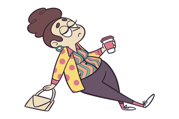 Animated Coffee Break: A cartoon depiction of a relaxed individual taking a break with a cup of coffee and a stylish purse. capturing the pure joy and triumph.