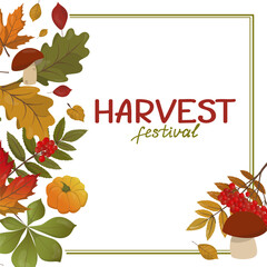 Colorful autumn harvest festival vector illustration featuring vibrant leaves, pumpkins, mushrooms, and berries arranged artistically. Perfect for seasonal designs and holiday themes.