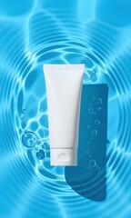 White cosmetic tube mockup on a vibrant blue water surface. Concentric ripples, bubbles, and caustic light reflections create a refreshing, hydrating concept for skincare or sunscreen adv