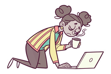 Digital fatigue and morning coffee: Illustrative depiction of a person, engrossed in their laptop, holding a cup of steaming coffee