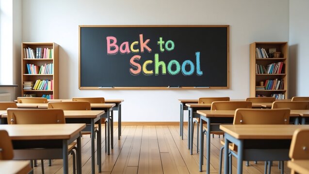 School Classroom with Desks and Chalkboard Saying Back to School - Powered by Adobe