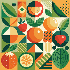 Abstract geometric pattern of farm food. Stylized poster with fruit and vegetables. Agriculture plants in cubism style. Contemporary art of healthy, natural, organic products. Flat vector illustration