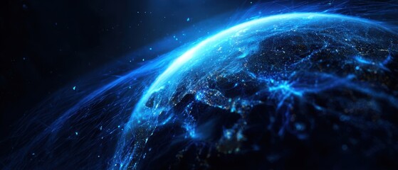 Obraz premium The Earth illuminated by a cosmic network of glowing blue lights.