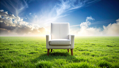 Close-up of an armchair on a green lawn.