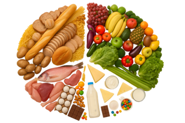 Colorful food group pie chart with fruits, vegetables, grains, proteins, and dairy on white background—ideal for health, diet, or nutrition concepts. 🥦🍞🥛 Balance your design with wellness!
