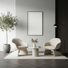 Minimalist living room interior with two cream armchairs, a small round table, and a blank framed poster.