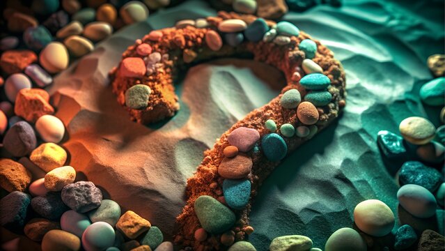 A question mark made of colorful pebbles is nestled in the sand creating a mysterious and intriguing scene