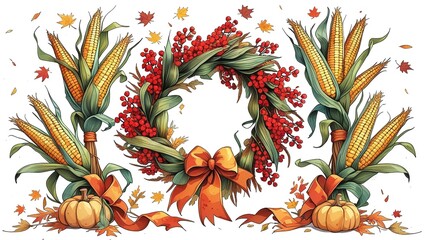 Fototapeta premium Ornamental Arrangement Featuring Pumpkins, Corn Stalks, Berry Wreath, and Autumn Foliage
