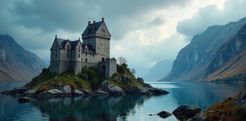 Naklejka premium Majestic Scandinavian Castle overlooking Tranquil Fjord under a Dramatic Sky