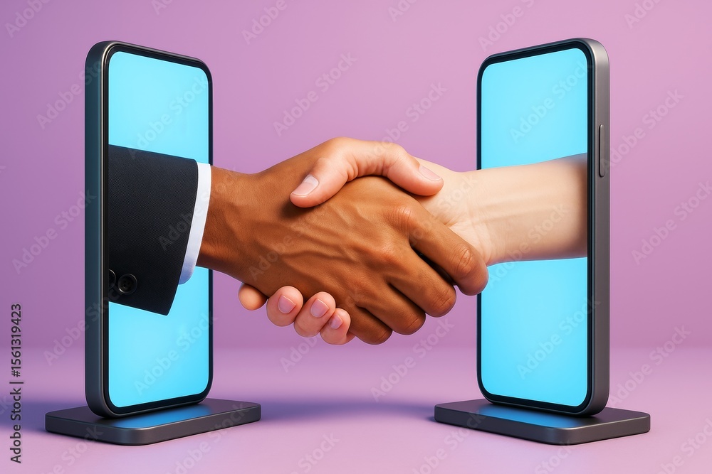 Poster digital business handshake between diverse hands emerging from smartphones on purple background symb