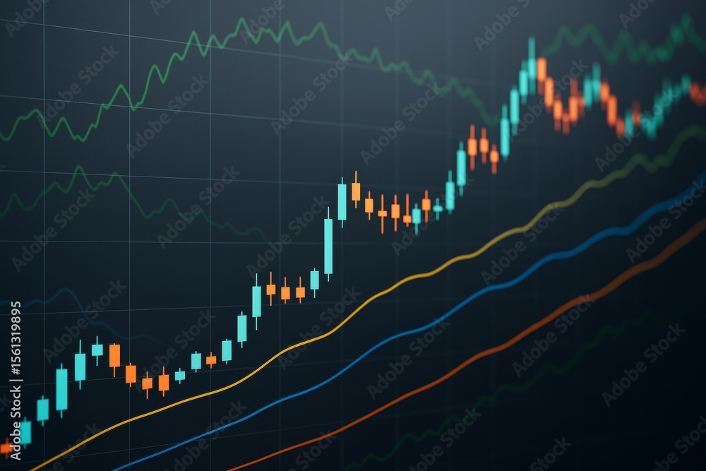 Poster abstract financial chart with glowing candlesticks and trend lines on a dark grid background, symbol