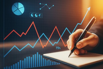 Business analytics concept showing hand writing notes with financial graphs and charts on dark background with glowing light effects.