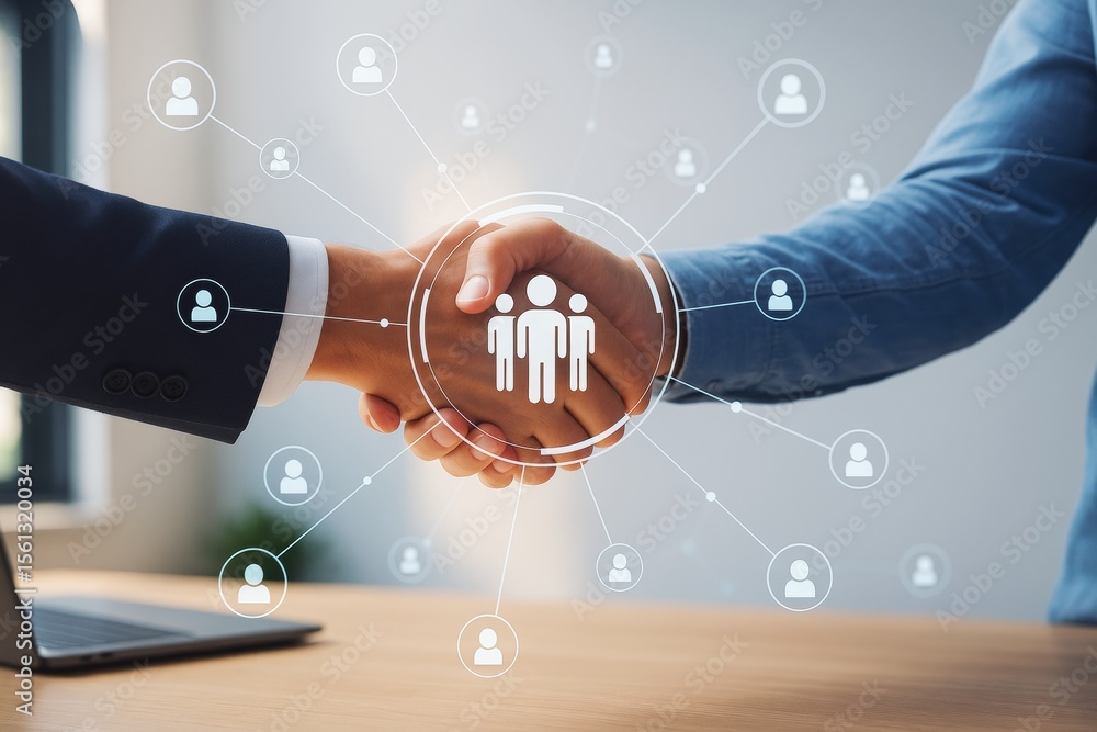 Poster Business handshake symbolizing partnership and networking with digital connection elements on light background in a creative business concept scene.