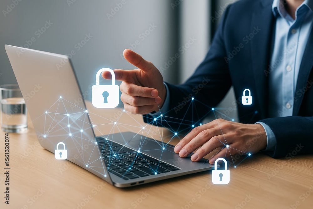 Poster Businessperson using laptop with cybersecurity lock icons and digital data network interface on light office background, representing data protection concept.