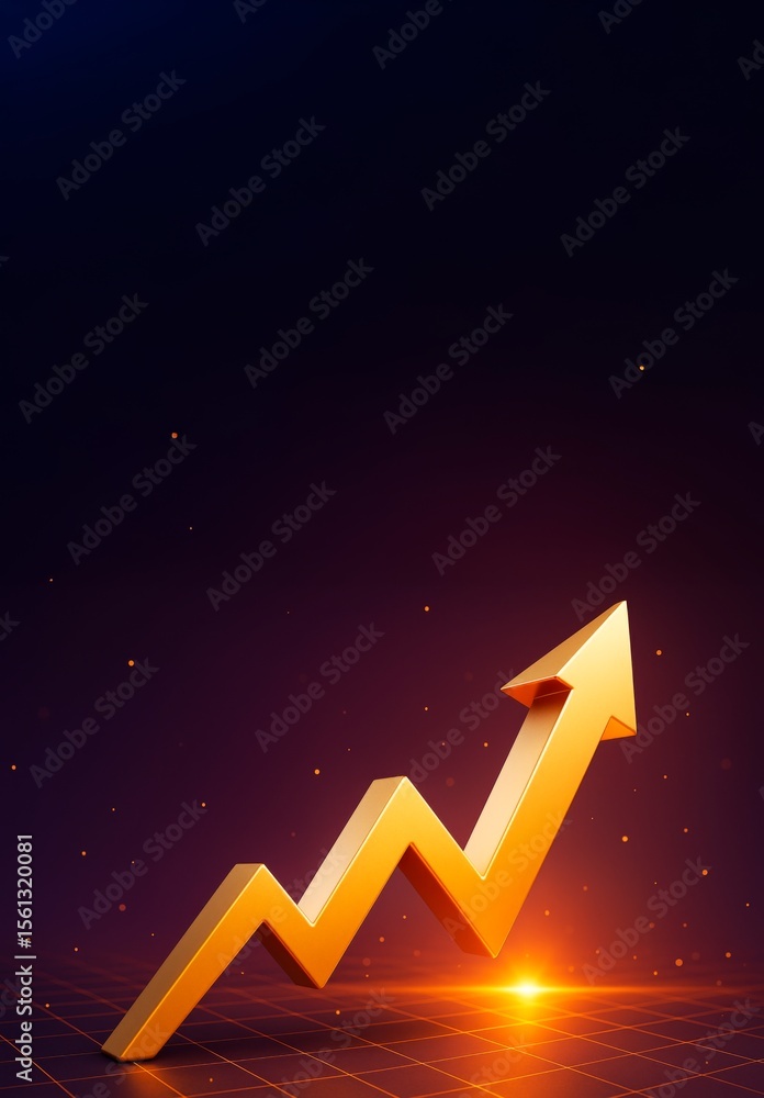 Poster Golden upward arrow symbolizing business growth on dark gradient background with glowing light and copyspace for design or promotional template.