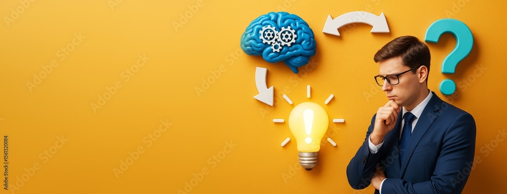 Poster businessman thinking with brain, question mark and light bulb icons on yellow background, concept of