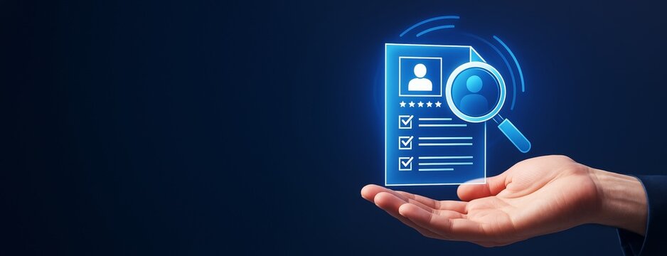 Human resource recruitment concept with digital resume profile and magnifying glass icon floating above open hand on dark blue background.